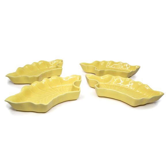 Vintage California Pottery Ceramic Lazy Susan Leaf Serving Tray Appy Dish Yellow - Picture 2 of 15